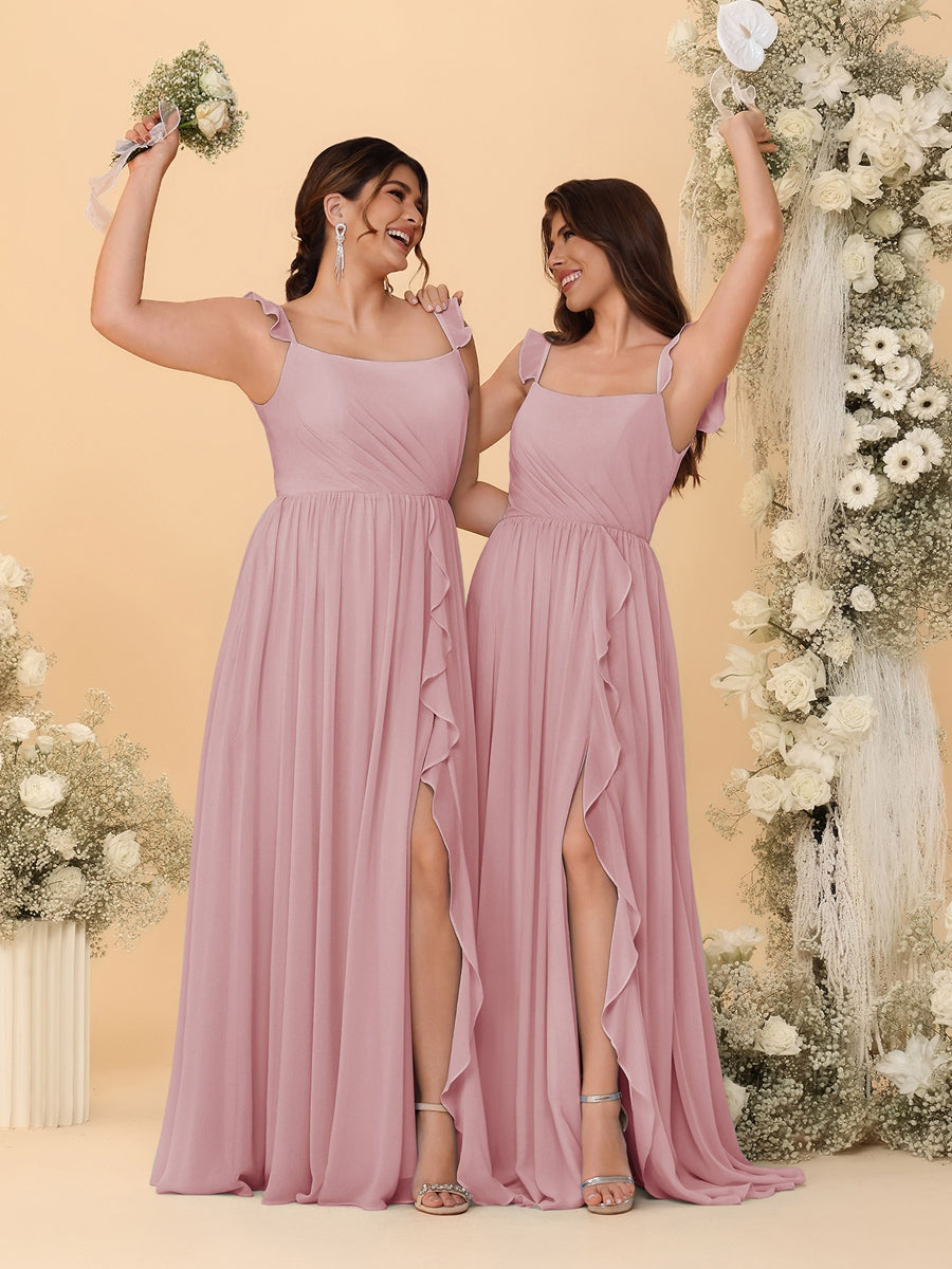 A-Line/Princess Square Neck Sleeveless Ruched Bridesmaid Dresses With Side Slit & Ruffles - 画像 (42)