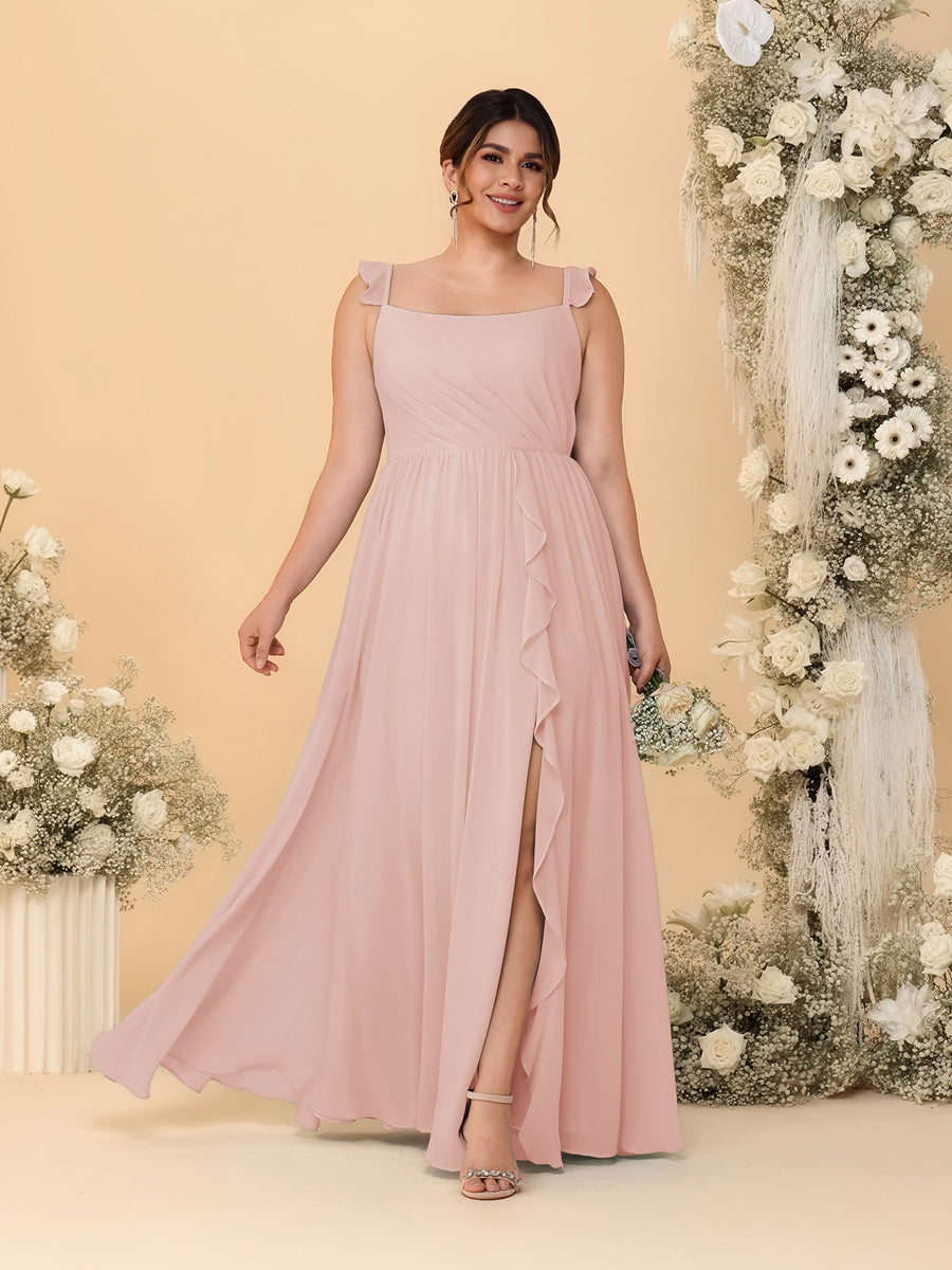 A-Line/Princess Square Neck Sleeveless Plus Size Bridesmaid Dresses With Side Slit & Ruffles - 画像 (7)