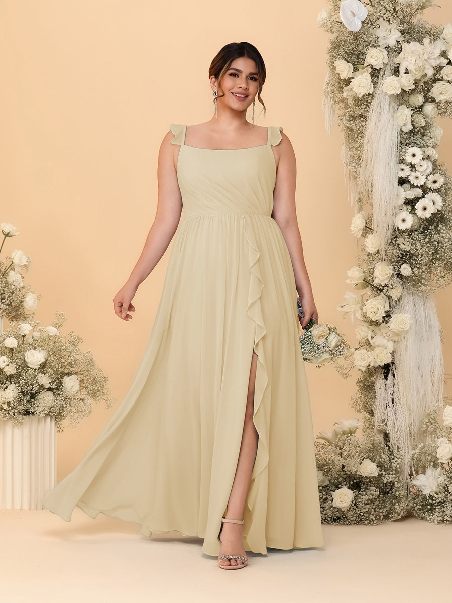 A-Line/Princess Square Neck Sleeveless Plus Size Bridesmaid Dresses With Side Slit & Ruffles - 画像 (12)