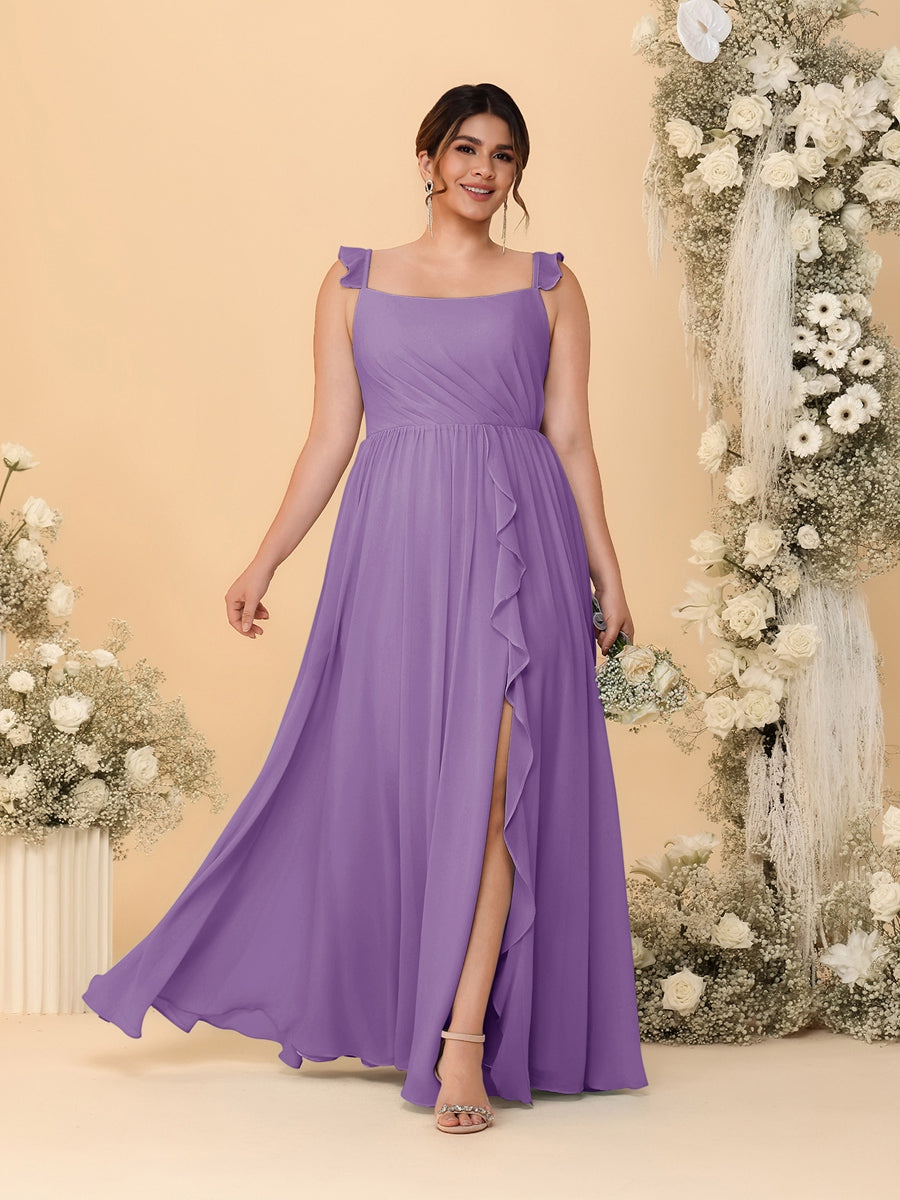 A-Line/Princess Square Neck Sleeveless Plus Size Bridesmaid Dresses With Side Slit & Ruffles - 画像 (18)