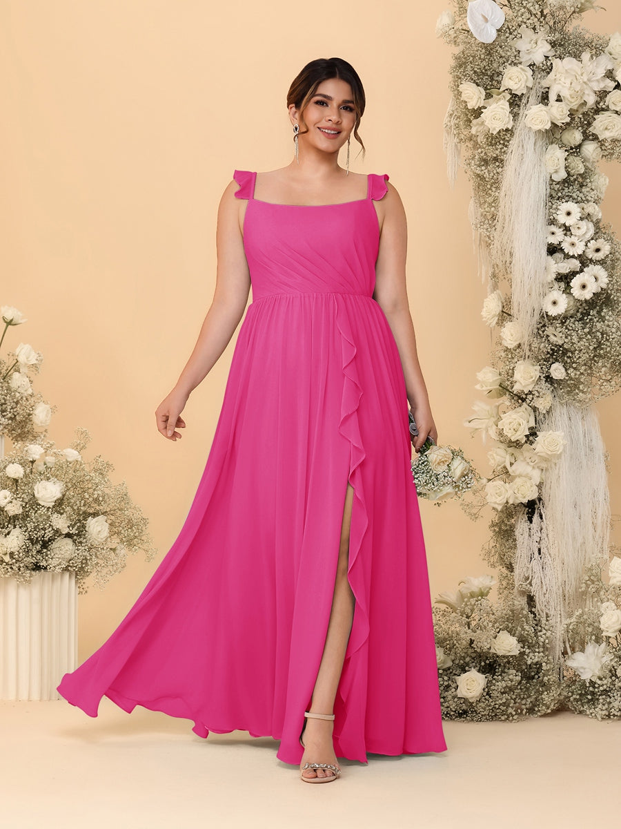 A-Line/Princess Square Neck Sleeveless Plus Size Bridesmaid Dresses With Side Slit & Ruffles - 画像 (29)