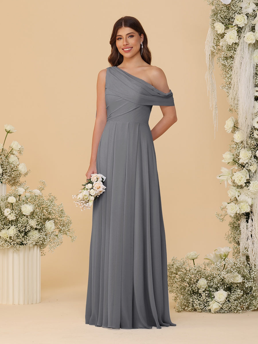 A-Line/Princess One-Shoulder Floor-Length Bridesmaid Dresses With Watteau Train - 画像 (62)