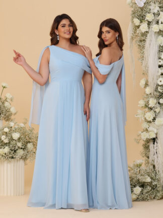 A-Line/Princess One-Shoulder Floor-Length Plus Size Bridesmaid Dresses With Watteau Train