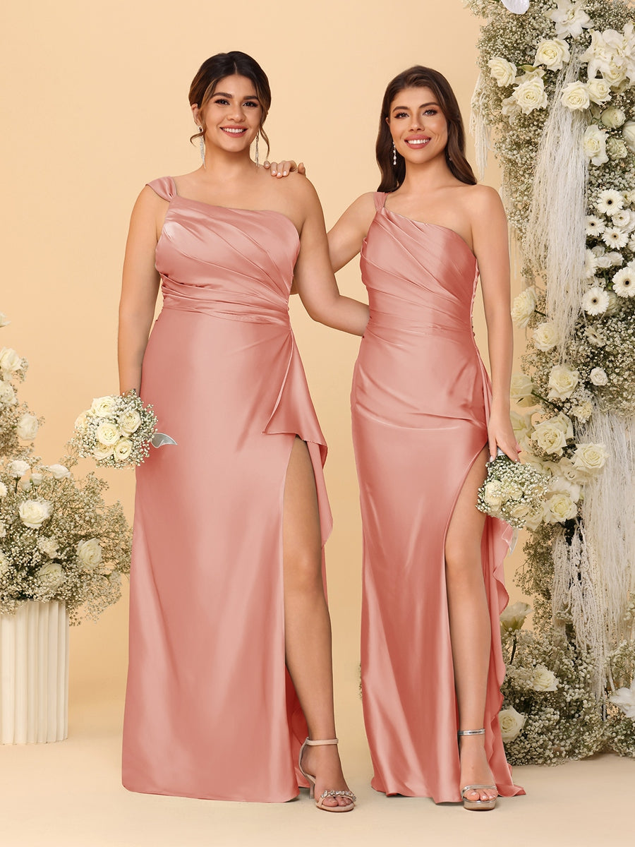 Sheath/Column One-Shoulder Sleeveless Split Side Bridesmaid Dresses with Ruffles - 画像 (56)