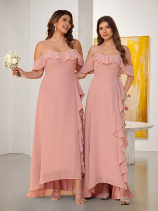 A-Line/Princess Off-the-Shoulder Spaghetti Straps Sleeveless Bridesmaid Dresses with Ruffles
