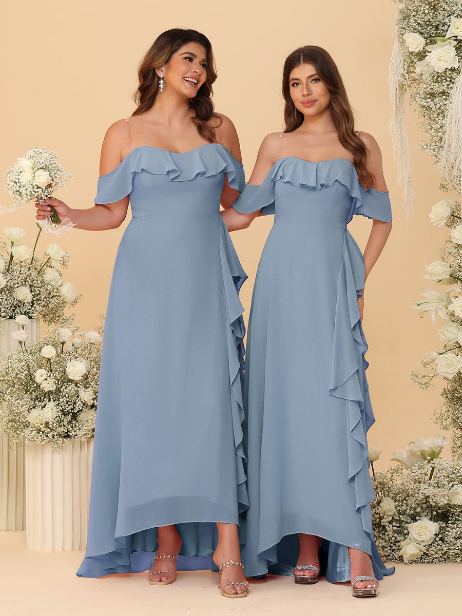 A-Line/Princess Off-the-Shoulder Spaghetti Straps Sleeveless Bridesmaid Dresses with Ruffles - 画像 (17)