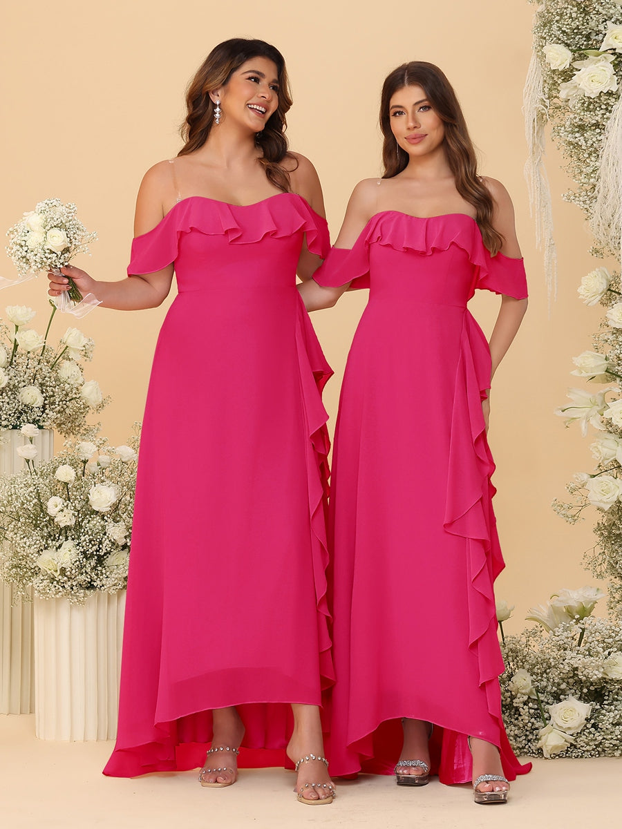 A-Line/Princess Off-the-Shoulder Spaghetti Straps Sleeveless Bridesmaid Dresses with Ruffles - 画像 (24)