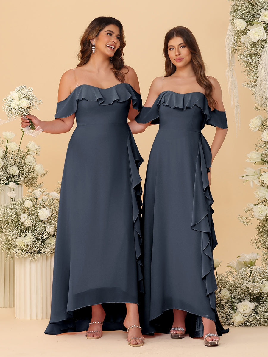 A-Line/Princess Off-the-Shoulder Spaghetti Straps Sleeveless Bridesmaid Dresses with Ruffles - 画像 (45)