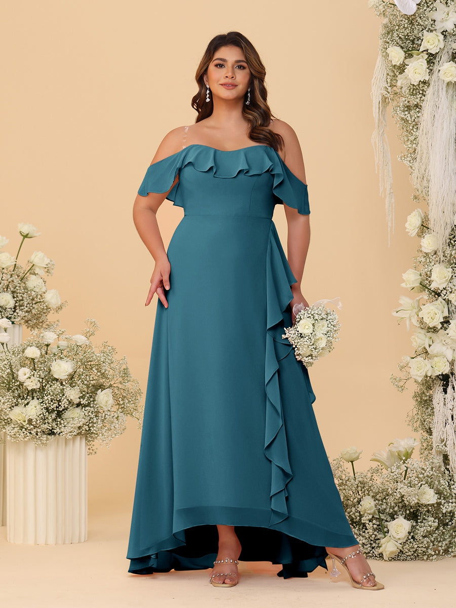 A-Line/Princess Off-the-Shoulder Plus Size Bridesmaid Dresses with Ruffles - 이미지 68