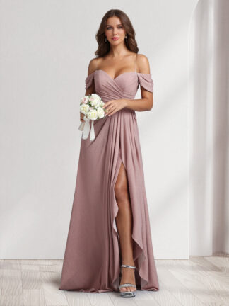 A-Line/Princess Off-the-Shoulder Floor-Length Ruched Bridesmaid Dresses With Ruffles & Split Side
