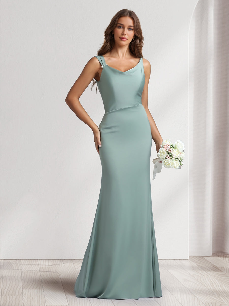 Sheath/Column Cowl Neck Floor-Length Bridesmaid Dresses with Beadings - Image 6