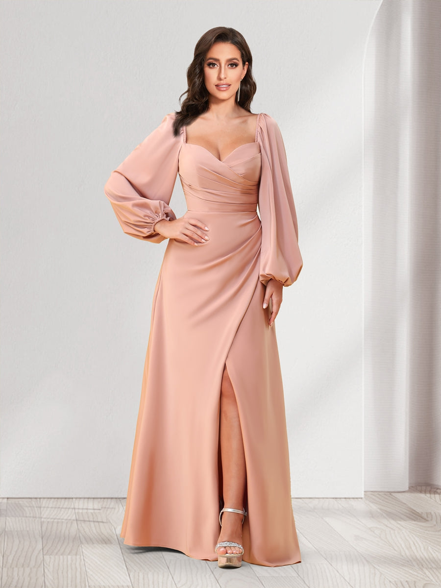 A-Line/Princess Sweetheart Long Sleeves Floor-Length Ruched Bridesmaid Dresses With Split Side - Image 4