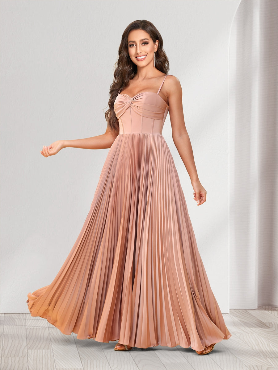 A-Line/Princess Spaghetti Straps Floor-Length Bridesmaid Dresses With Pleats - 画像 (3)
