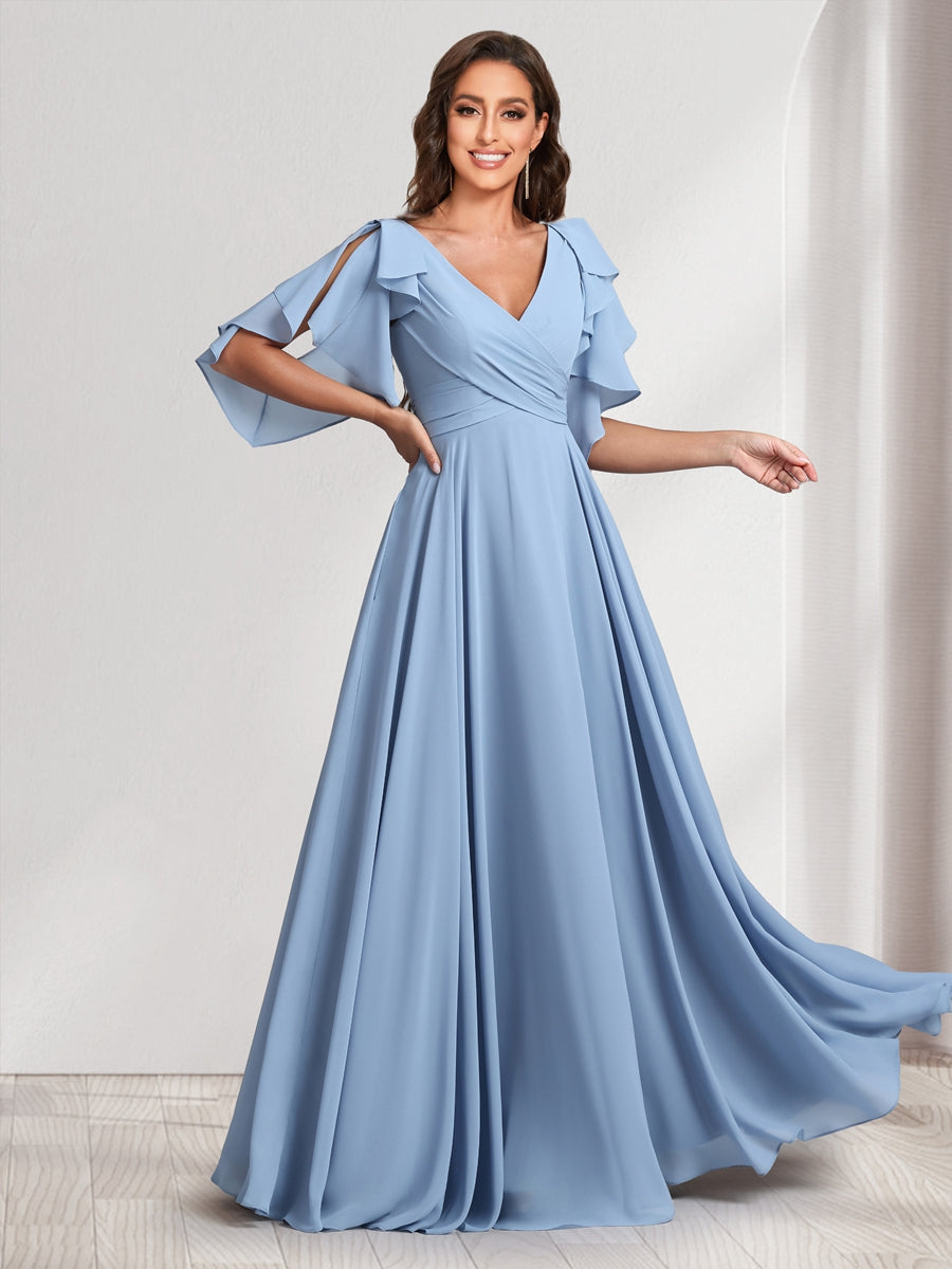 A-Line/Princess V-Neck Short Sleeves Long Bridesmaid Dresses With Ruffles & Belt - 画像 (3)