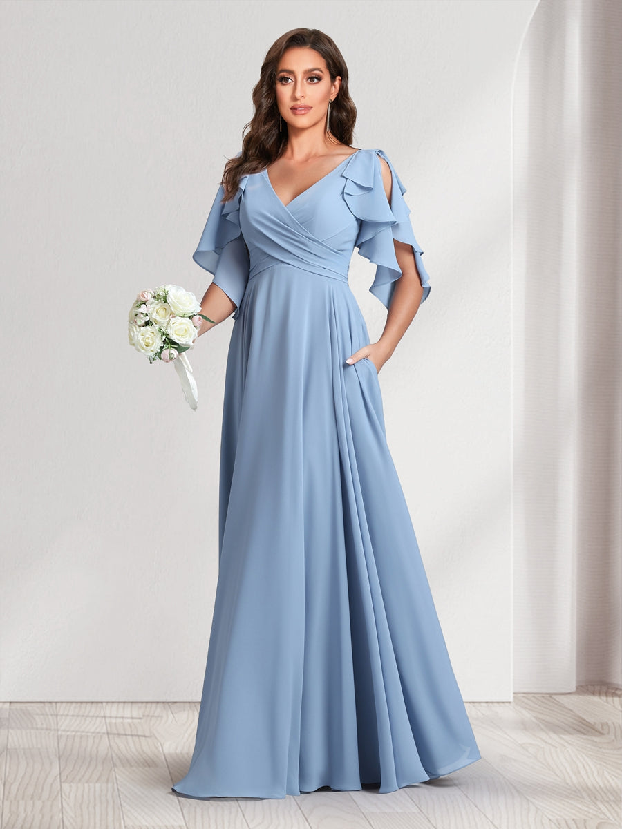 A-Line/Princess V-Neck Short Sleeves Long Bridesmaid Dresses With Ruffles & Belt - 画像 (4)