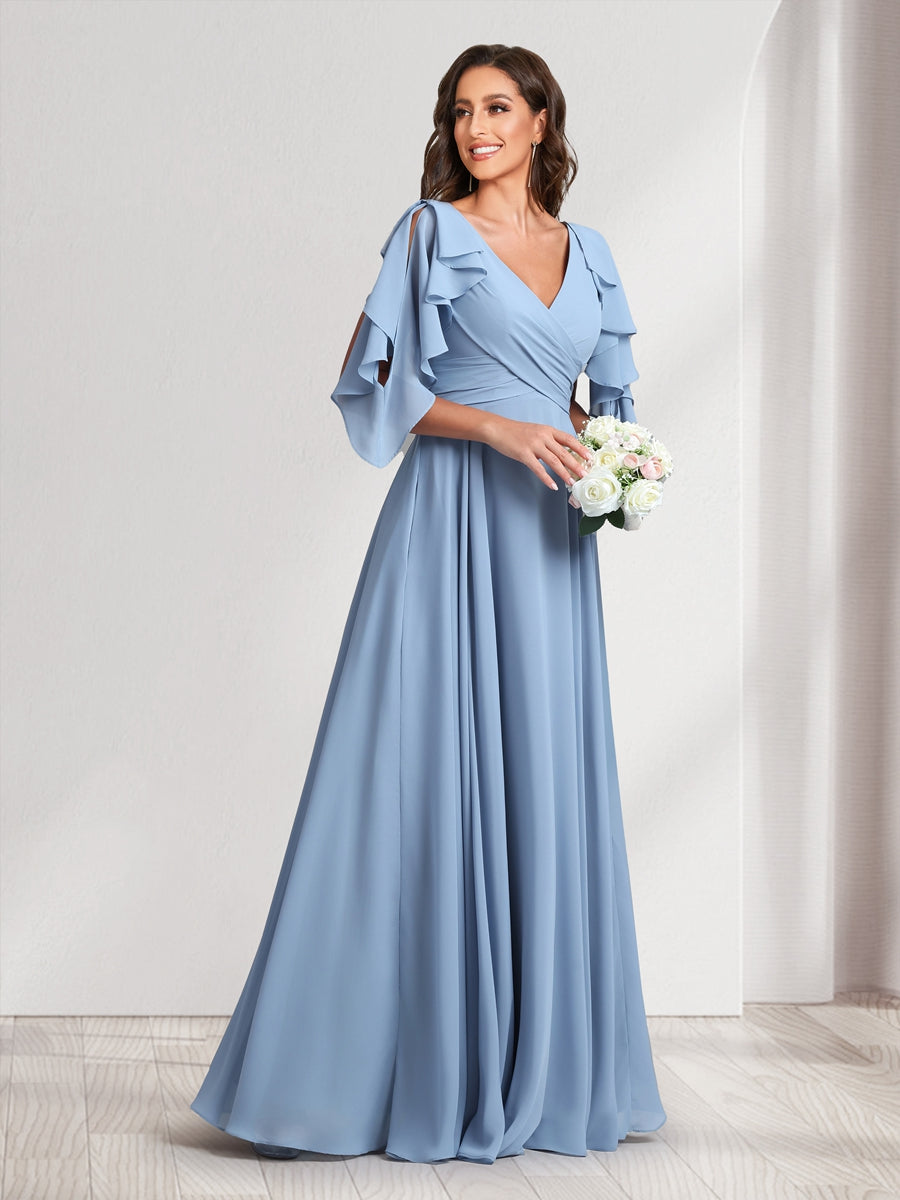 A-Line/Princess V-Neck Short Sleeves Long Bridesmaid Dresses With Ruffles & Belt - 画像 (6)