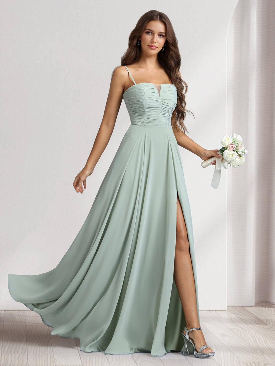A-Line/Princess Spaghetti Straps Sleeveless Floor-Length Ruched Bridesmaid Dresses With Split Side - 이미지 3