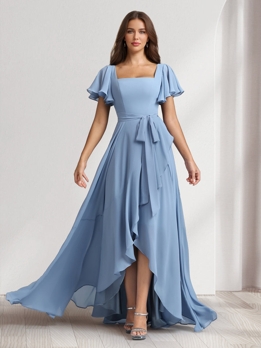 A-Line/Princess Square Neck Short Sleeves Floor-Length Bridesmaid Dresses With Sash & Split Side - 画像 (3)