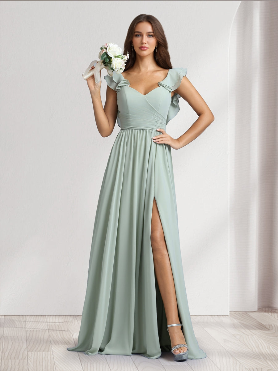 A-Line/Princess V-Neck Floor-Length Bridesmaid Dresses With Ruffles & Pleats - 이미지 6