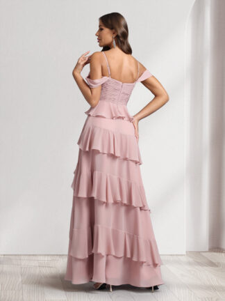 A-Line/Princess Off-the-Shoulder Spaghetti Straps Sleeveless Floor-Length Bridesmaid Dresses With Ruffles & Side Slit