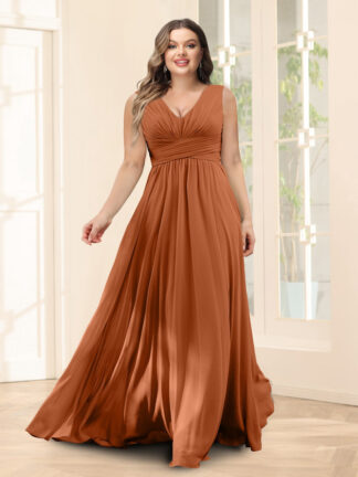 A-Line V-Neck Half Sleeves Plus Size Chiffon Bridesmaid Dresses With Split Side