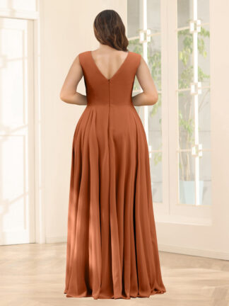 A-Line V-Neck Half Sleeves Plus Size Chiffon Bridesmaid Dresses With Split Side