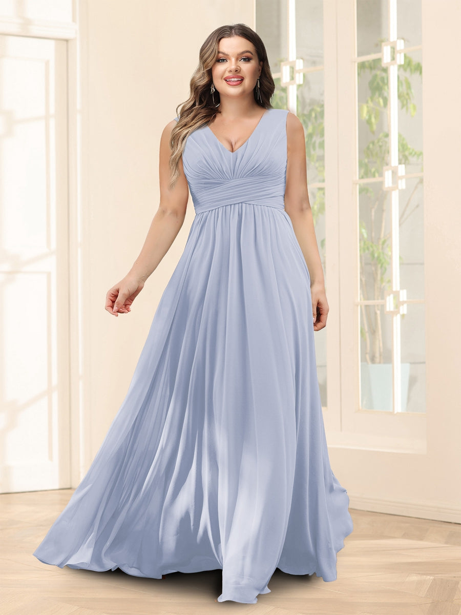 A-Line V-Neck Sleeveless Chiffon Plus Size Bridesmaid Dresses With Pockets - 画像 (29)