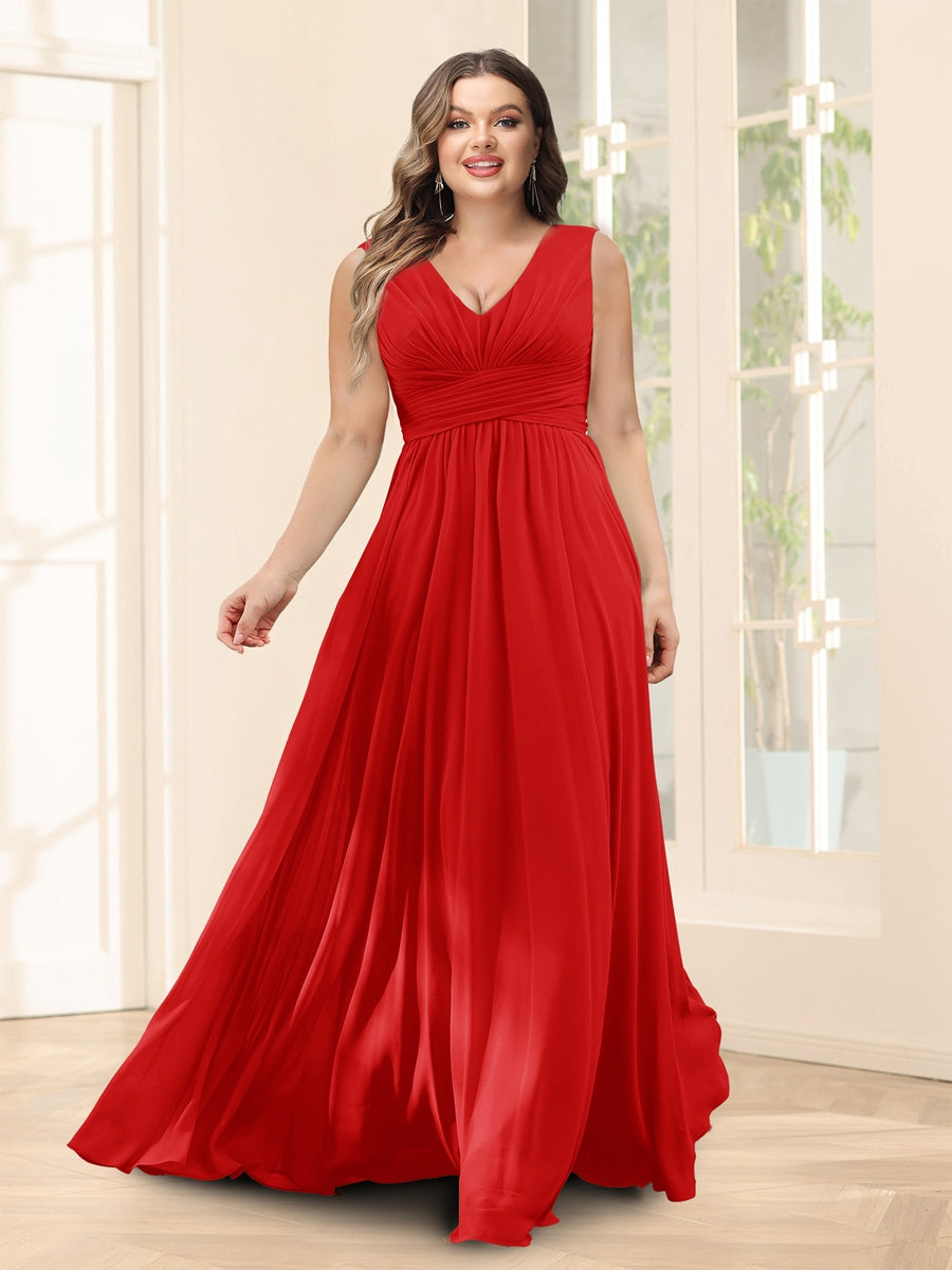A-Line V-Neck Sleeveless Chiffon Plus Size Bridesmaid Dresses With Pockets - 画像 (55)
