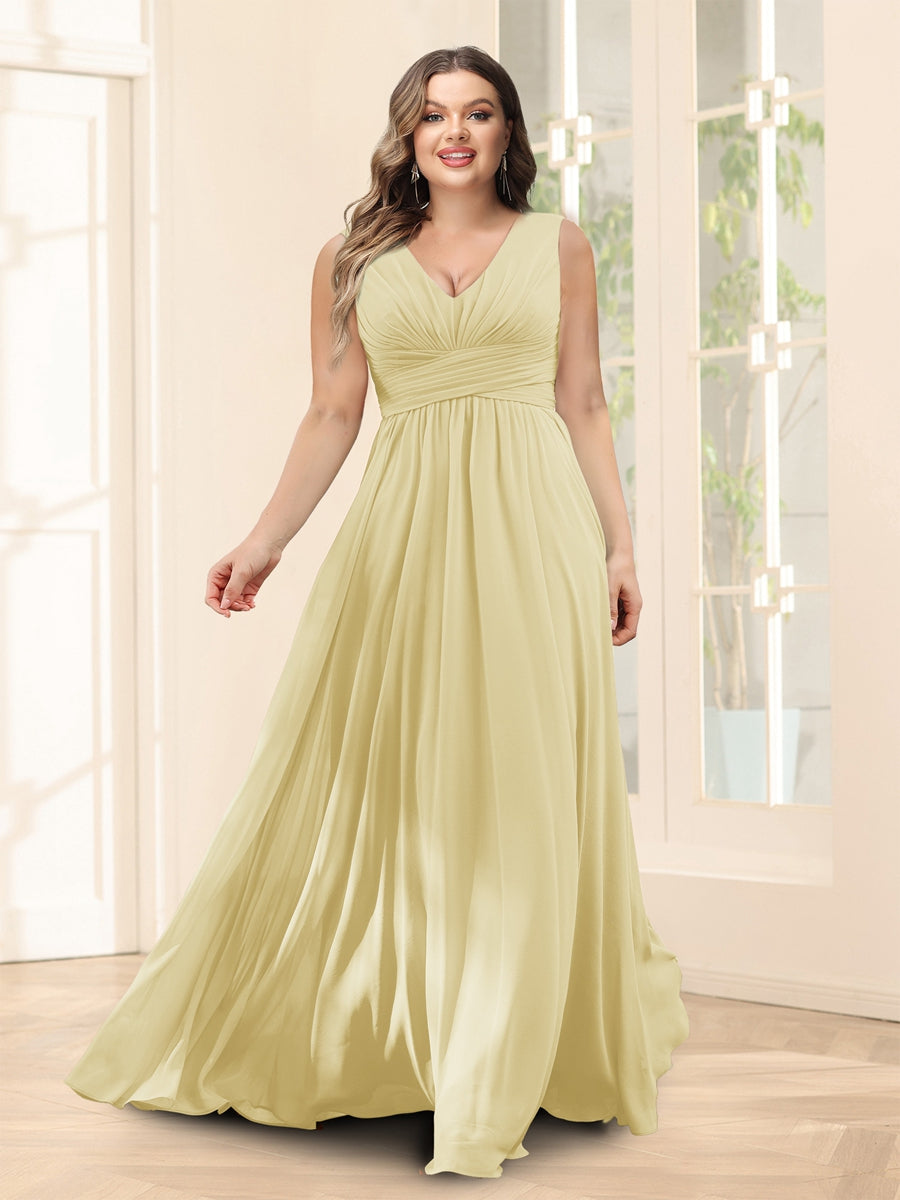 A-Line V-Neck Sleeveless Chiffon Plus Size Bridesmaid Dresses With Pockets - 画像 (72)