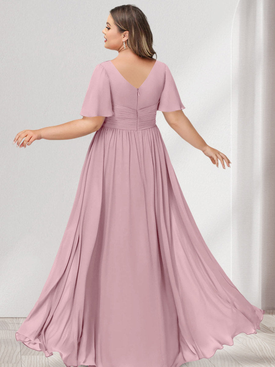 A-Line/Princess V-Neck Half Sleeves Chiffon Plus Size Bridesmaid Dresses with Pockets - 画像 (2)
