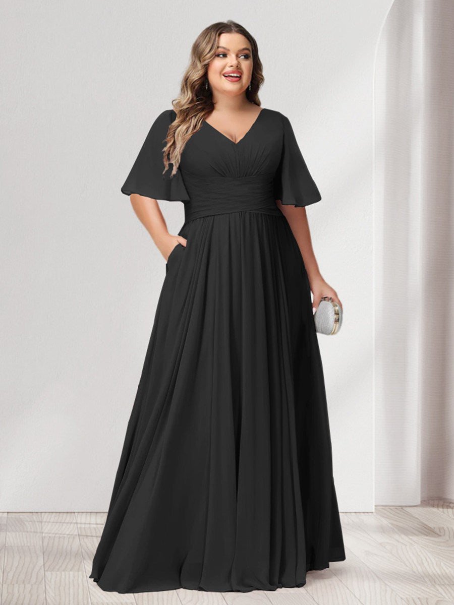 A-Line/Princess V-Neck Half Sleeves Chiffon Plus Size Bridesmaid Dresses with Pockets - 画像 (14)