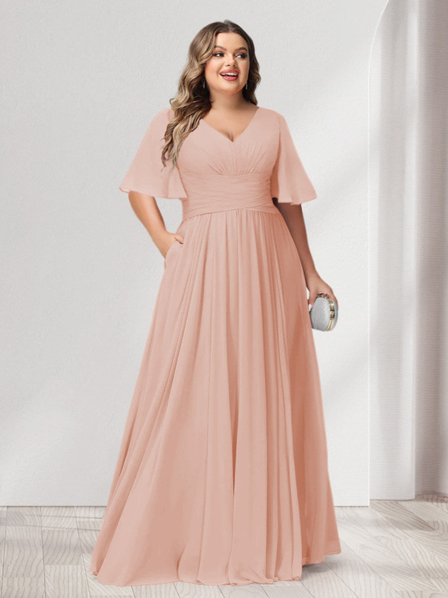 A-Line/Princess Spaghetti Straps Half Sleeves Chiffon Plus Size Bridesmaid Dresses with Pockets - 이미지 28