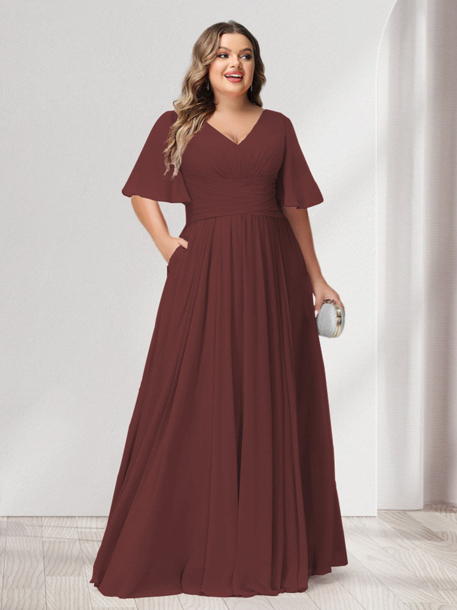 A-Line/Princess V-Neck Half Sleeves Chiffon Plus Size Bridesmaid Dresses with Pockets - 画像 (8)