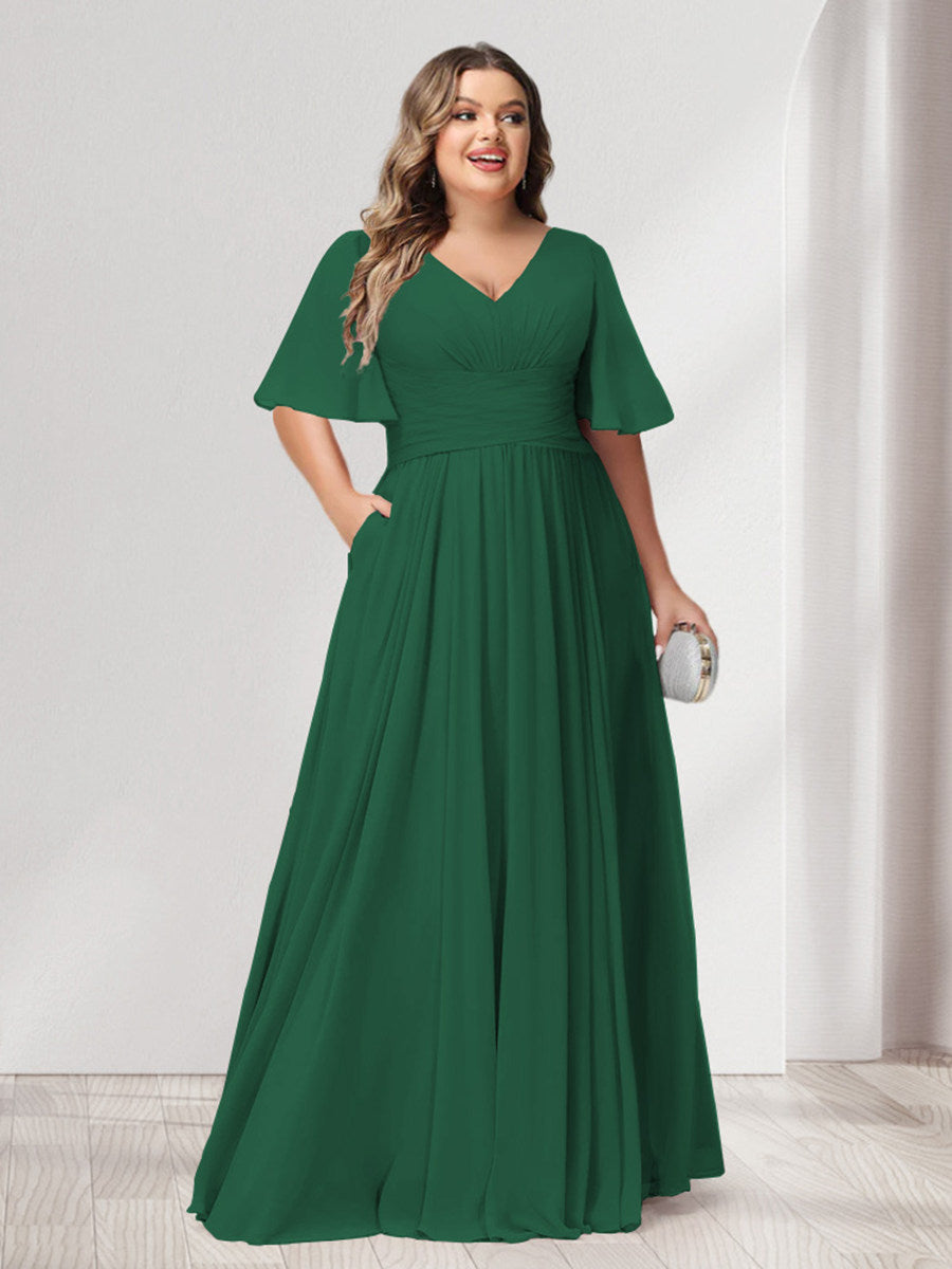 A-Line/Princess V-Neck Half Sleeves Chiffon Plus Size Bridesmaid Dresses with Pockets - 画像 (7)