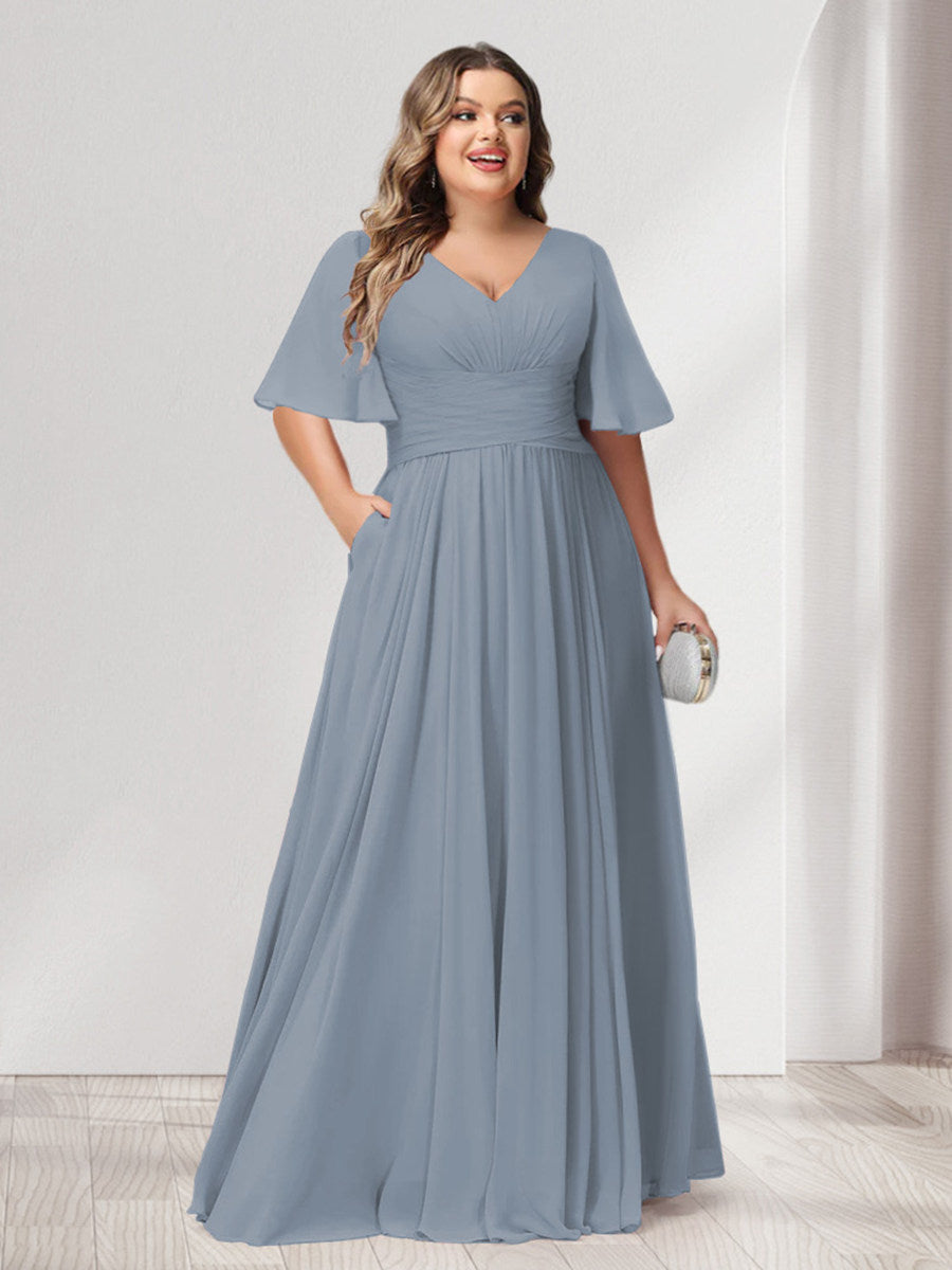A-Line/Princess V-Neck Half Sleeves Chiffon Plus Size Bridesmaid Dresses with Pockets - 画像 (4)