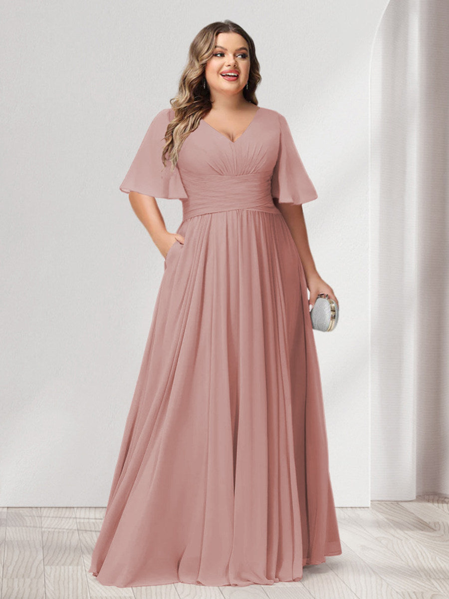 A-Line/Princess V-Neck Half Sleeves Chiffon Plus Size Bridesmaid Dresses with Pockets - 画像 (3)