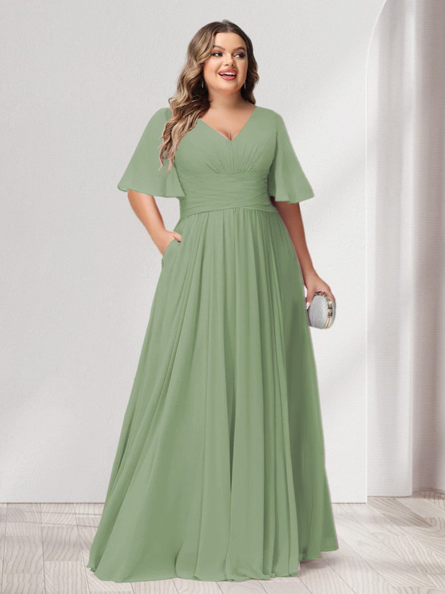 A-Line/Princess V-Neck Half Sleeves Chiffon Plus Size Bridesmaid Dresses with Pockets - 画像 (12)