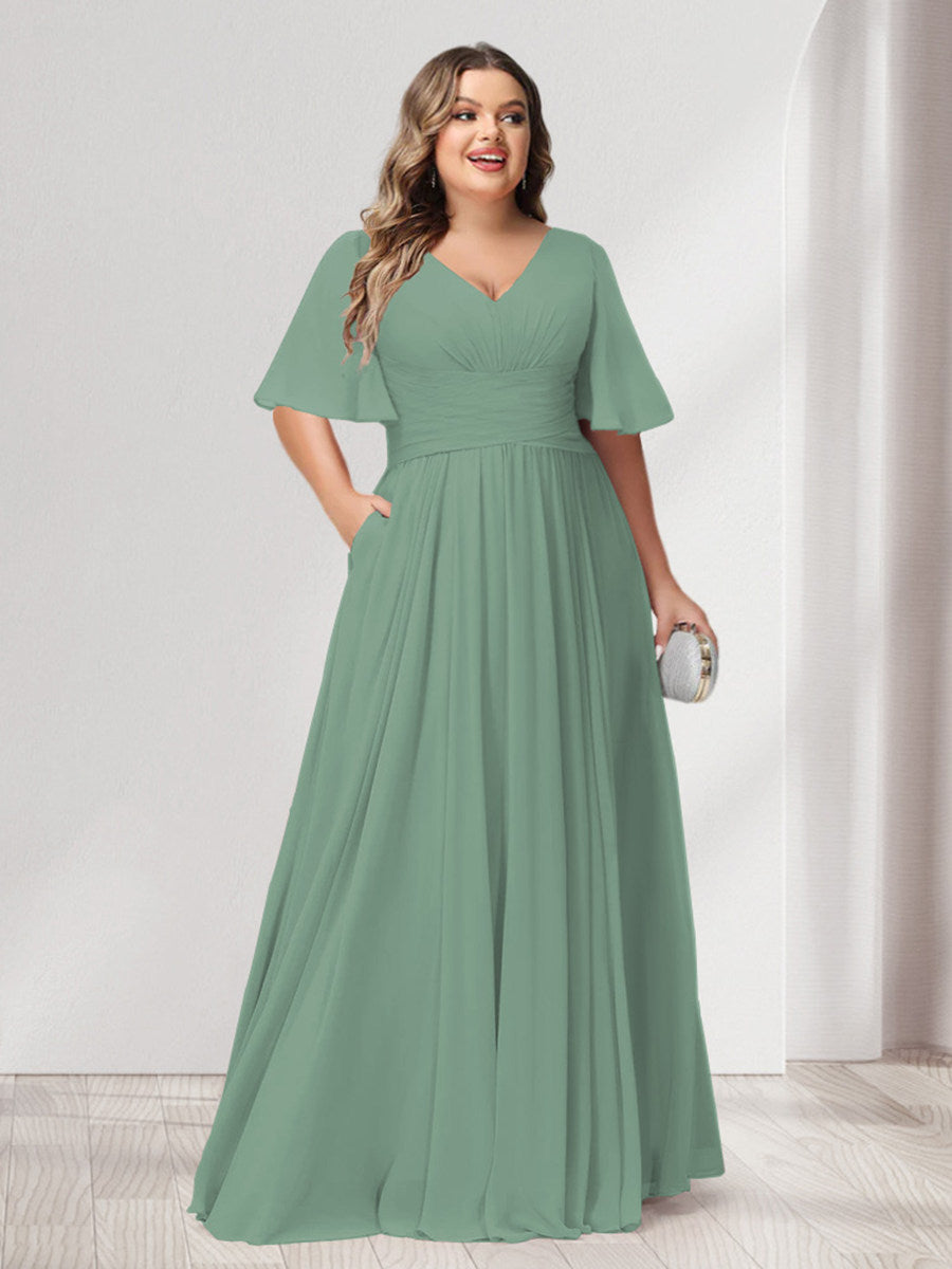 A-Line/Princess V-Neck Half Sleeves Chiffon Plus Size Bridesmaid Dresses with Pockets - 画像 (13)