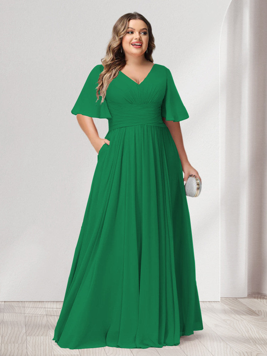A-Line/Princess V-Neck Half Sleeves Chiffon Plus Size Bridesmaid Dresses with Pockets - 画像 (60)