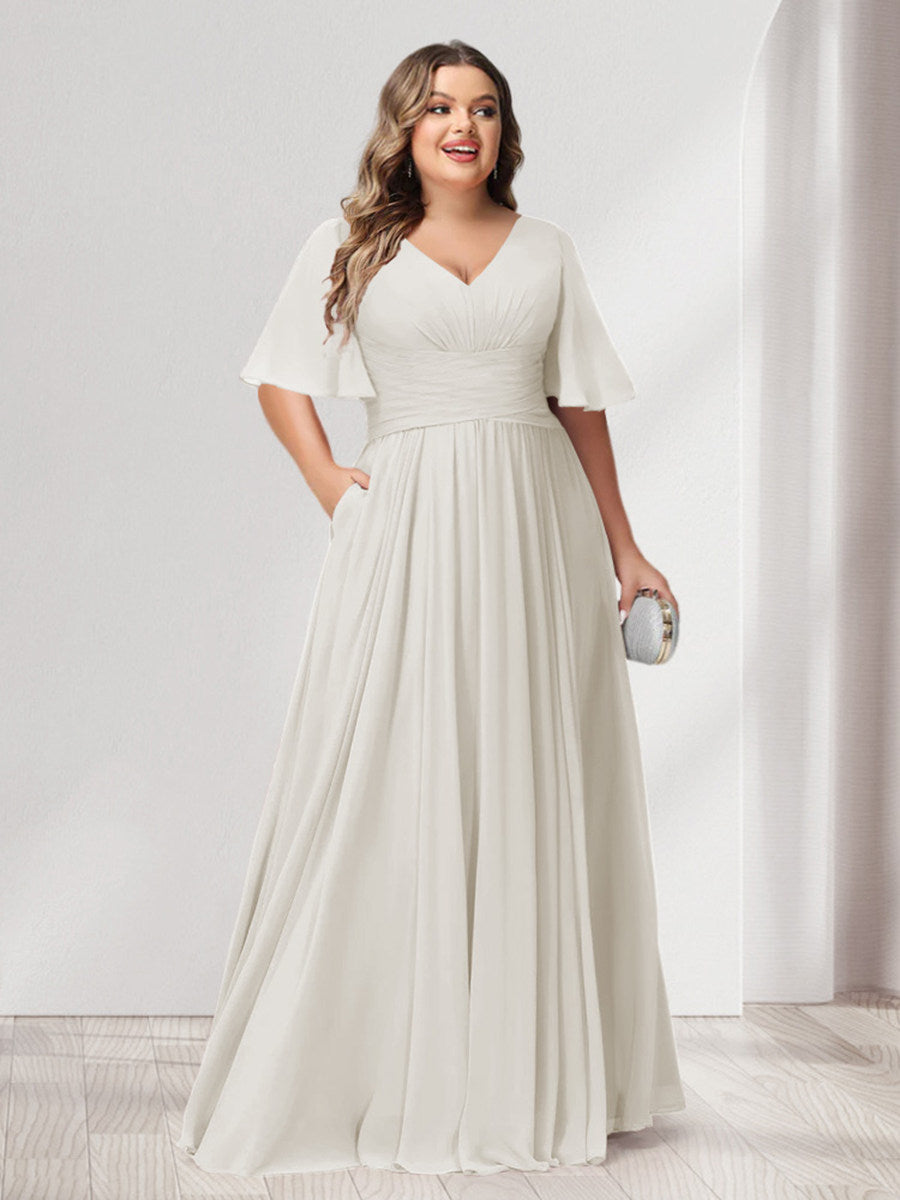 A-Line/Princess V-Neck Half Sleeves Chiffon Plus Size Bridesmaid Dresses with Pockets - 画像 (17)