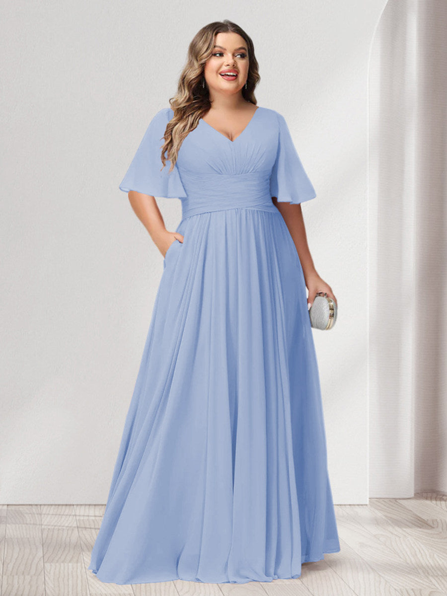 A-Line/Princess V-Neck Half Sleeves Chiffon Plus Size Bridesmaid Dresses with Pockets - 画像 (44)