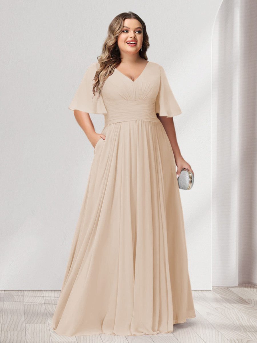 A-Line/Princess V-Neck Half Sleeves Chiffon Plus Size Bridesmaid Dresses with Pockets - 画像 (19)