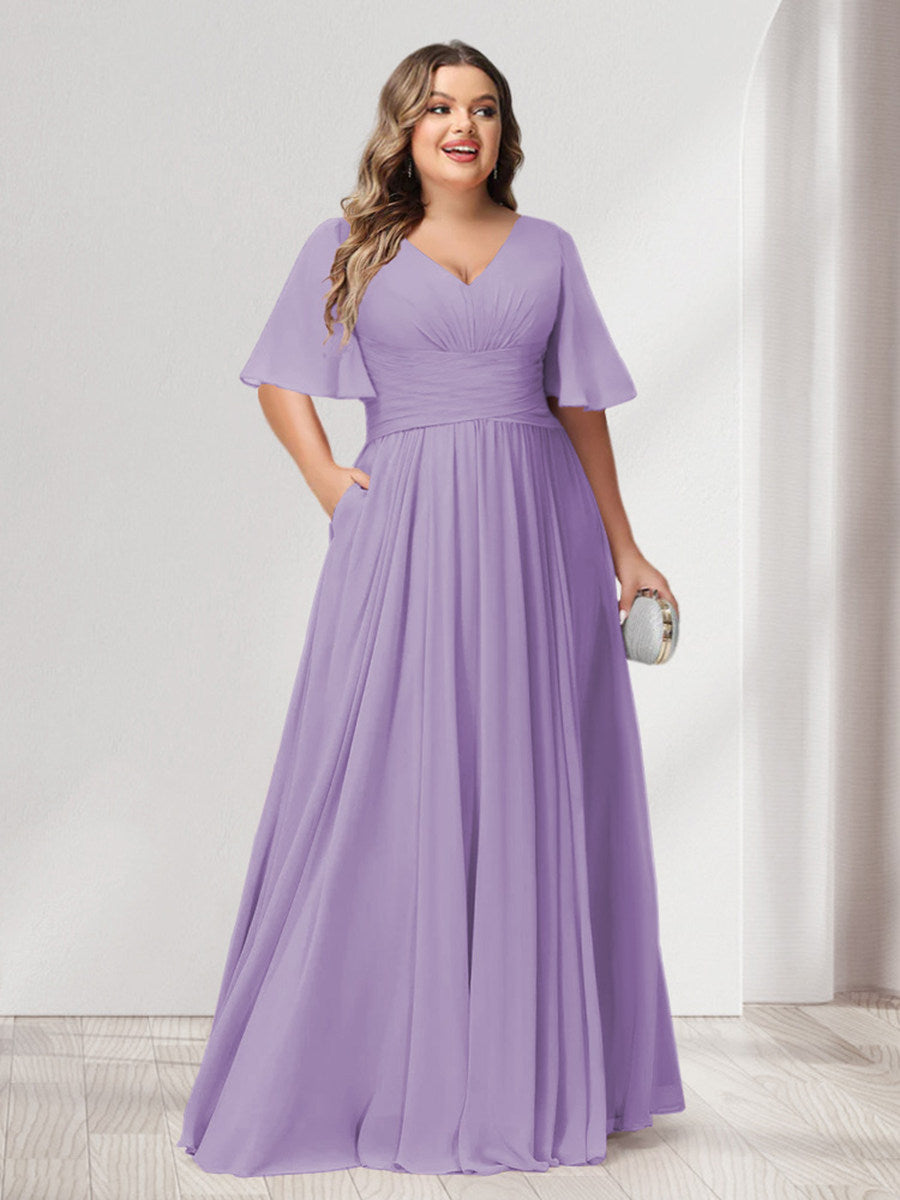 A-Line/Princess V-Neck Half Sleeves Chiffon Plus Size Bridesmaid Dresses with Pockets - 画像 (10)