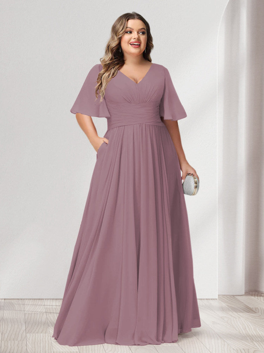 A-Line/Princess V-Neck Half Sleeves Chiffon Plus Size Bridesmaid Dresses with Pockets - 画像 (27)