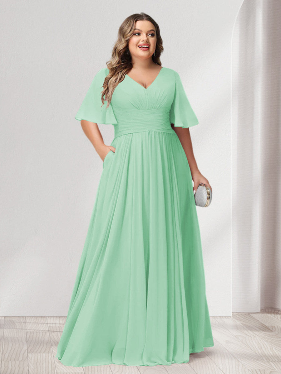 A-Line/Princess Spaghetti Straps Half Sleeves Chiffon Plus Size Bridesmaid Dresses with Pockets - 이미지 61