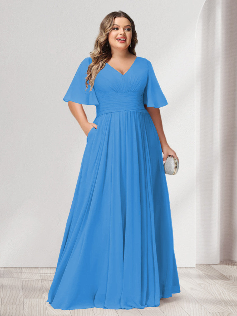 A-Line/Princess Spaghetti Straps Half Sleeves Chiffon Plus Size Bridesmaid Dresses with Pockets - 이미지 53