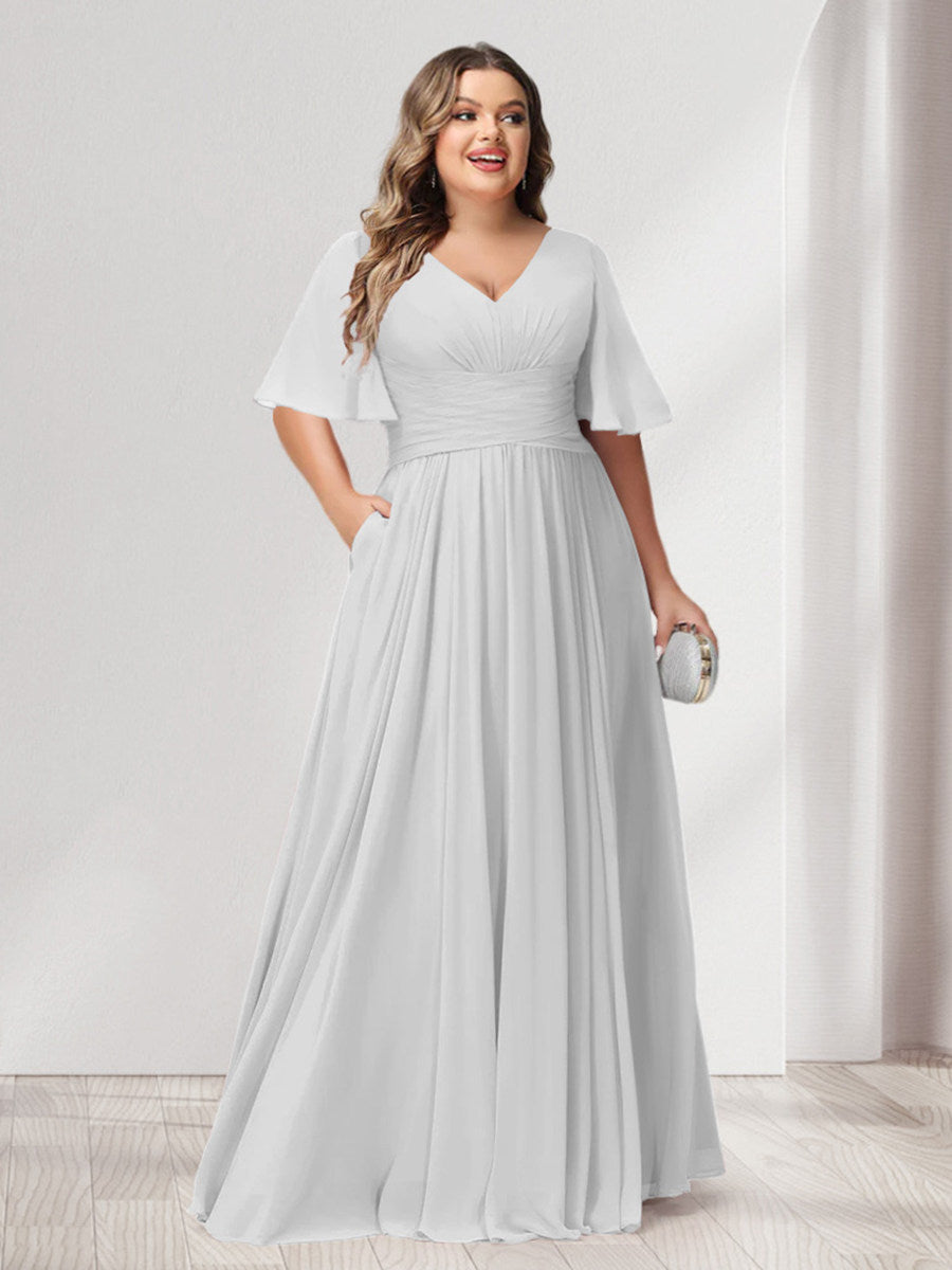 A-Line/Princess V-Neck Half Sleeves Chiffon Plus Size Bridesmaid Dresses with Pockets - 画像 (16)