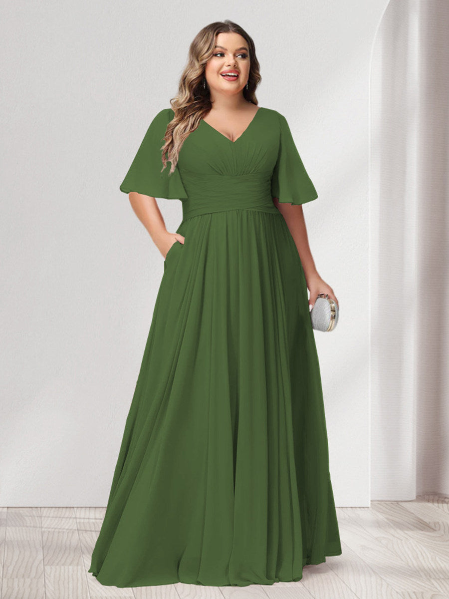 A-Line/Princess Spaghetti Straps Half Sleeves Chiffon Plus Size Bridesmaid Dresses with Pockets - 이미지 65