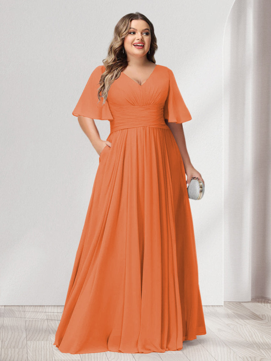 A-Line/Princess V-Neck Half Sleeves Chiffon Plus Size Bridesmaid Dresses with Pockets - 画像 (68)