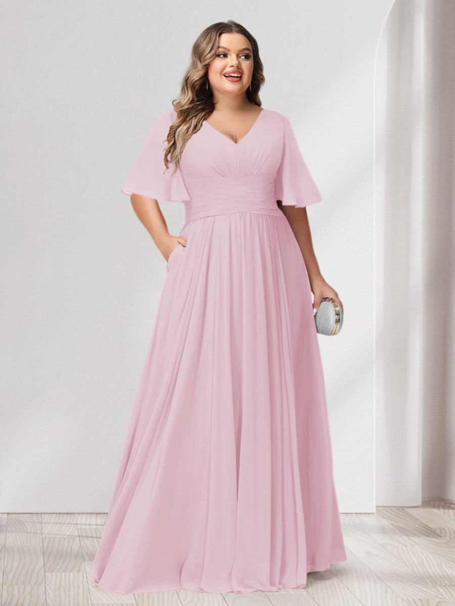 A-Line/Princess V-Neck Half Sleeves Chiffon Plus Size Bridesmaid Dresses with Pockets - 画像 (21)